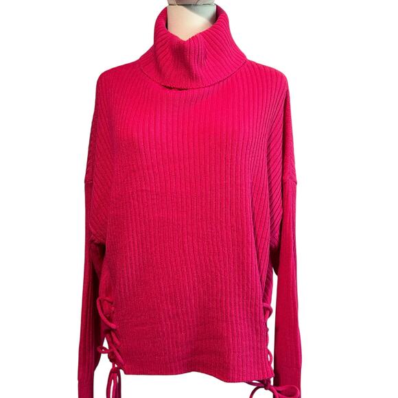 Turtleneck Fuchsia Sweater Cropped Tie Sides Ribbed Knit Office Runway 7 SZ 1X - Picture 4 of 11
